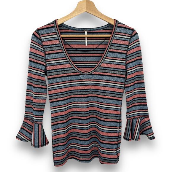 Free People SMALL Surprise Party Tee Shirt Top Blouse Glitter Stripe Bell Sleeve - Picture 2 of 8
